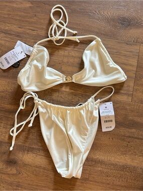 Satin Triangle Tie Bikini Set in Ivory